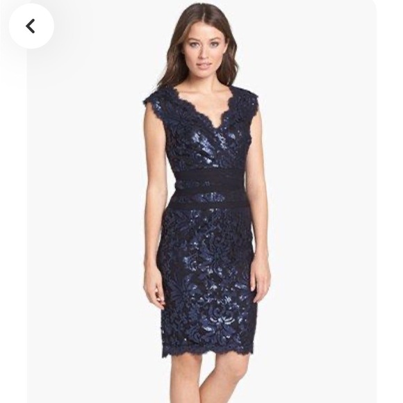 Tadashi Shoji Sequin Lace Banded Navy Black Sheath Cocktail Dress Whimsigoth - Picture 3 of 12